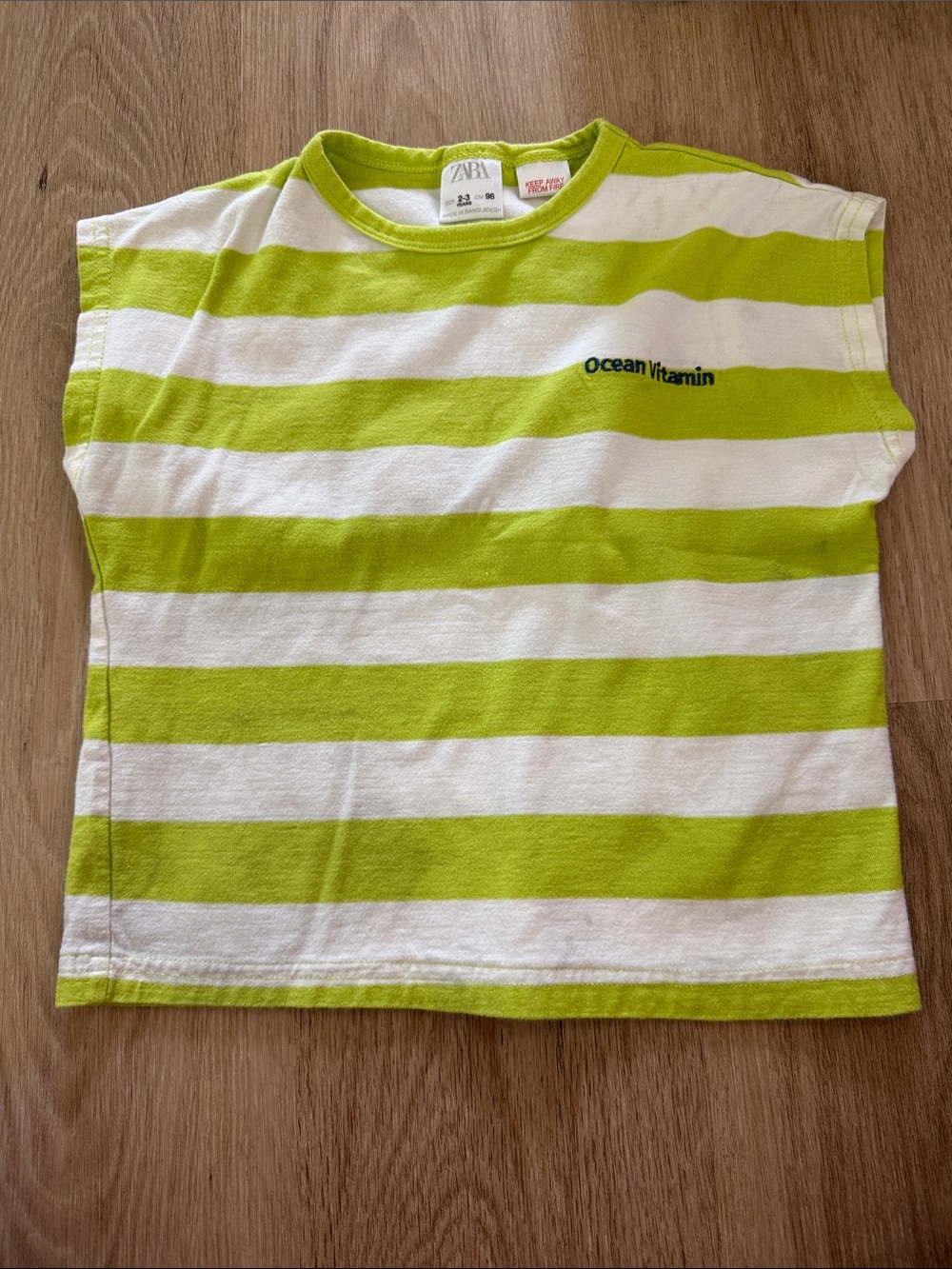 ZARA Toddler Lime Green & White Striped Tee with 'Ocean Vitamin' Embroidery